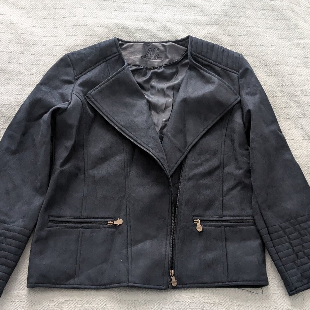Blue Suede Biker Jacket with Silver Zipper, Size Medium
